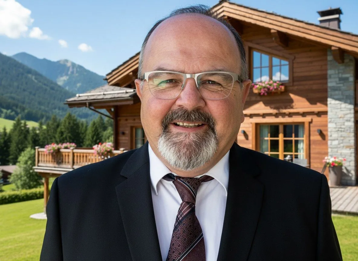 Jean-Pierre Clément, conseiller immobilier MeilleursBiens en Savoie, en costume devant un chalet de montagne en bois